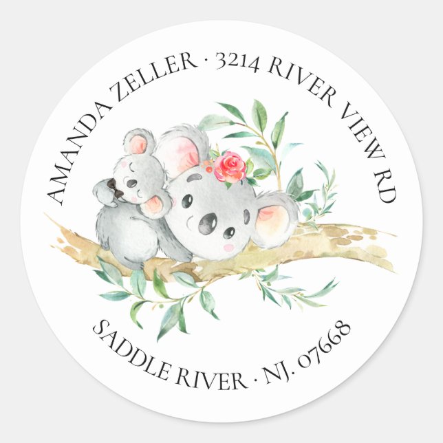 Niedliches Koala Bear Baby Dusche Rücksendeadresse Runder Aufkleber (Vorderseite)