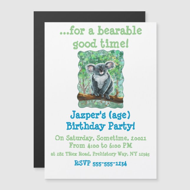 Niedliches Koala Bear Party Center Magneteinladung (Vorne/Hinten)