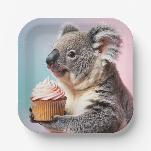 Niedliches Koala mit Cupcake Pastell Gradient Pappteller (Vorderseite)