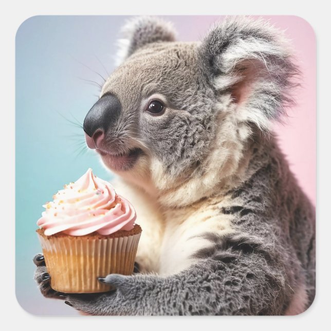 Niedliches Koala mit Cupcake Pastell Gradient Quadratischer Aufkleber (Vorderseite)