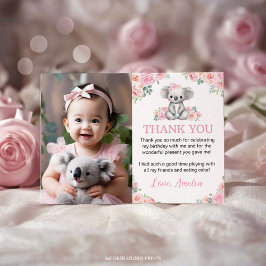 Niedliches Koala Pink Floral Geburtstagsparty Foto Dankeskarte