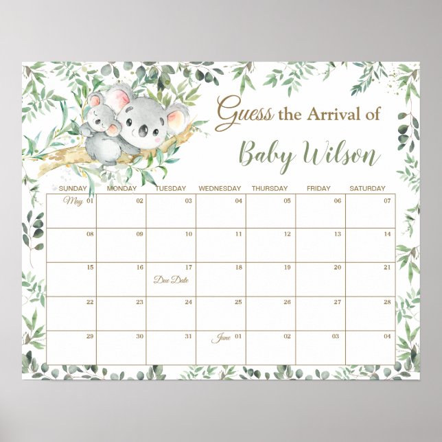 Niedliches Koalas Greenery Ratet Baby's Due Date G Poster (Vorne)