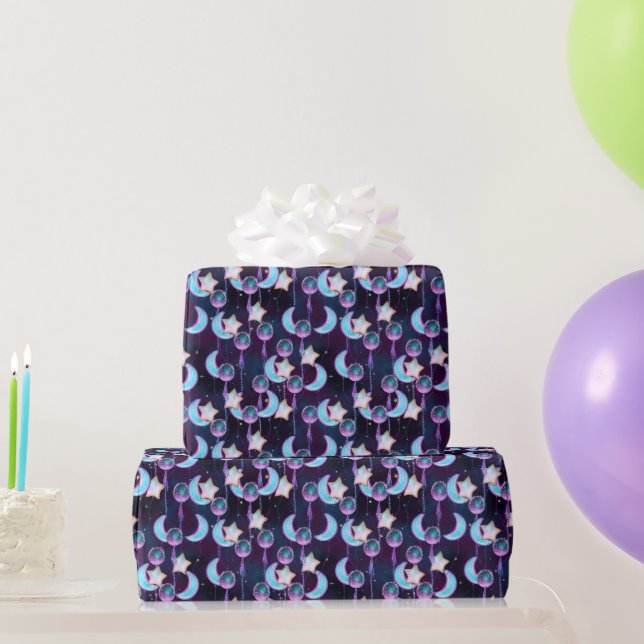 Niedliches kosmisches Moon & Stars Balloonmuster Geschenkpapier (Partygeschenke)