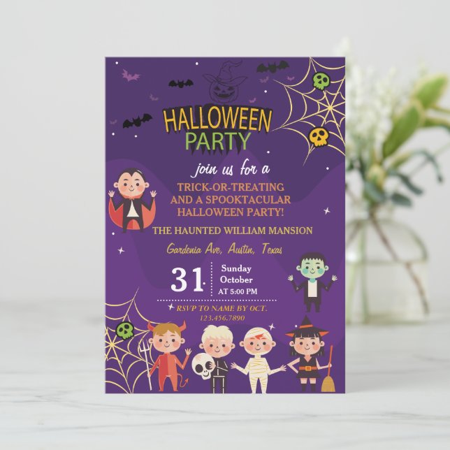 Niedliches Kostüm-Halloween-Party für Kinder Einladung (Stehend Vorderseite)