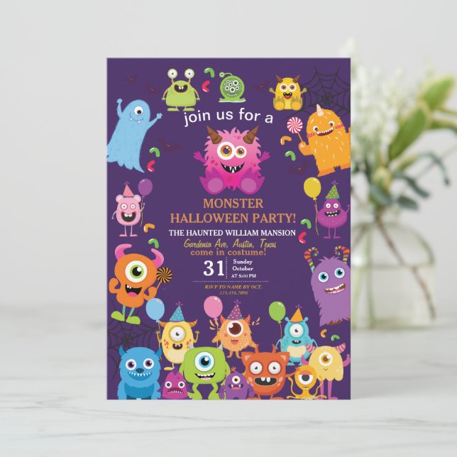 Niedliches Kostümmonster-Halloween-Party für Kinde Einladung (Stehend Vorderseite)