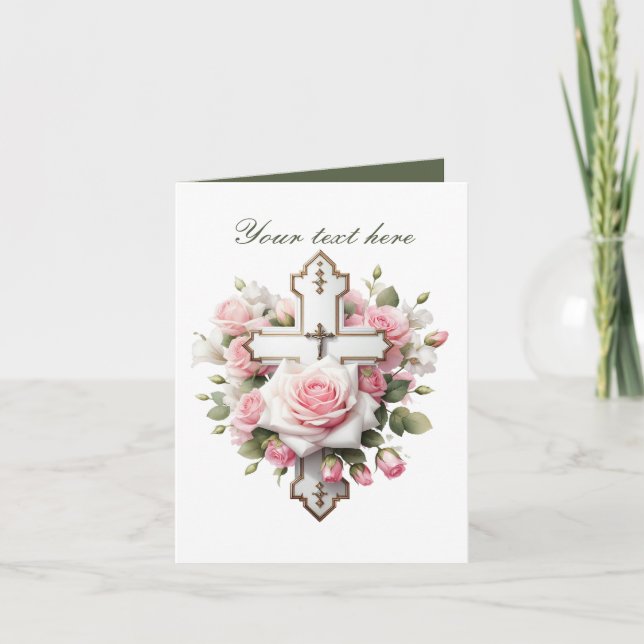 Niedliches Kreuz mit Rose, anpassbar Karte (Vorderseite)