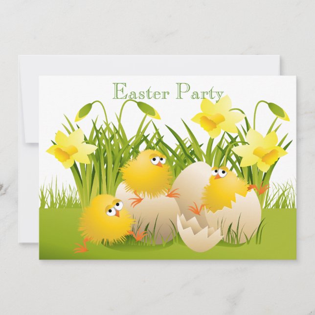 Niedliches Küken-, Ei-u. Narzissen-Ostern-Party Einladung (Vorderseite)