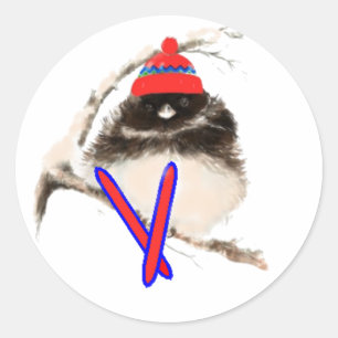 Niedliches Küken, Ski, Skifahren, kleiner Runder Aufkleber