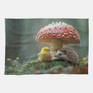 Niedliches Küken und Igel, das sich unter einem Pi Geschirrtuch