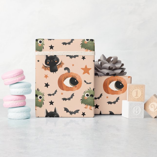 Niedliches Kürbismonster und Bat Pattern Halloween Geschenkpapier (Babyparty)