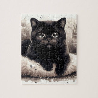 Niedliches Kurzes Haar Schwarze Katze Jigsaw Puzzl