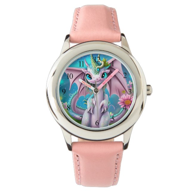 Niedliches Lächeln Baby Dragon mit Blume Armbanduhr (Vorderseite)