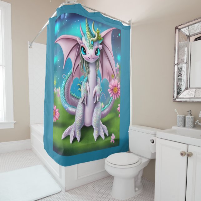 Niedliches Lächeln Baby Dragon mit Blume Duschvorhang (Beispiel)
