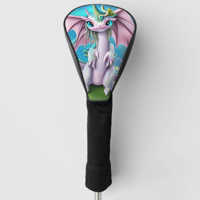 Niedliches Lächeln Baby Dragon mit Blume Golf Headcover (Vorderseite)