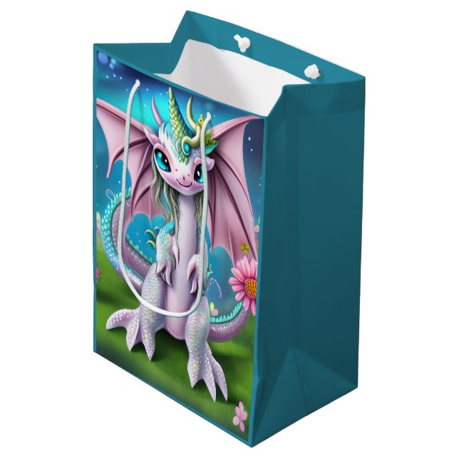 Niedliches Lächeln Baby Dragon mit Blume Mittlere Geschenktüte (Vorderseite Schrägansicht)