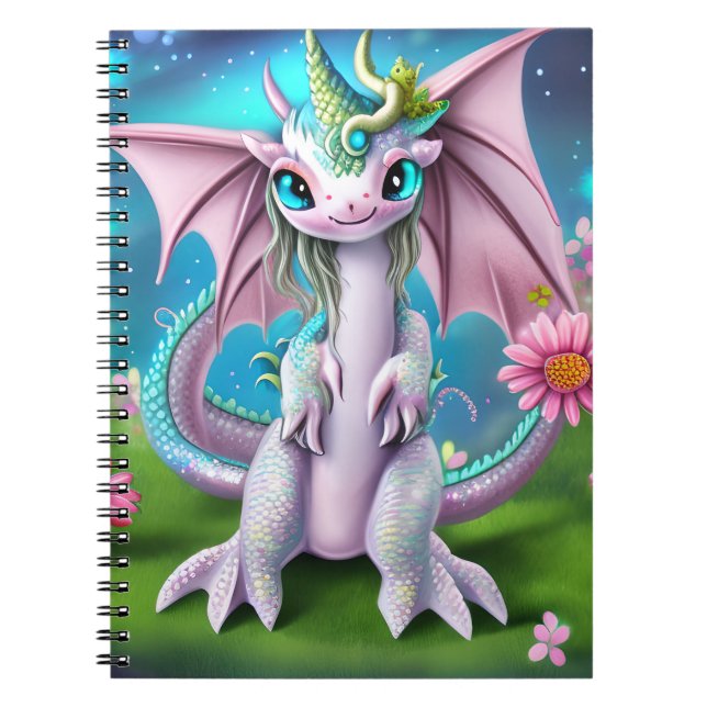 Niedliches Lächeln Baby Dragon mit Blume Notizblock (Vorderseite)