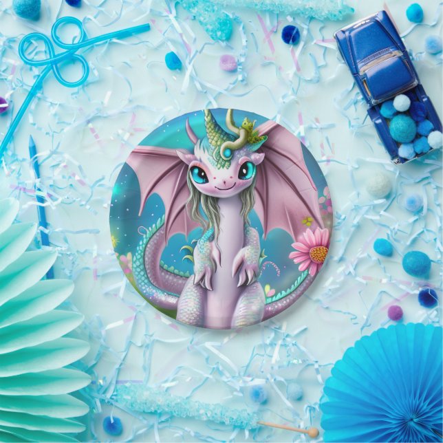 Niedliches Lächeln Baby Dragon mit Blume Pappteller (Party)