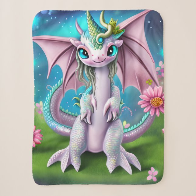 Niedliches Lächeln Baby Dragon mit Blume Sherpadecke (Vorderseite)