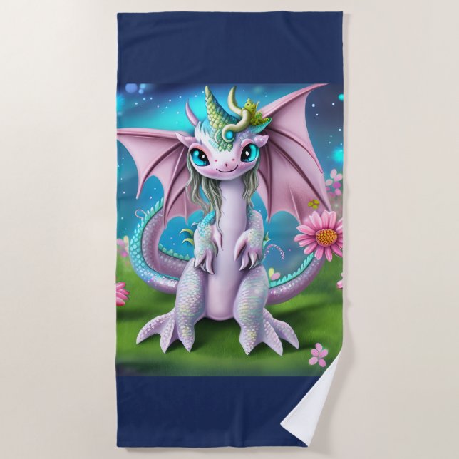 Niedliches Lächeln Baby Dragon mit Blume Strandtuch (Vorderseite)