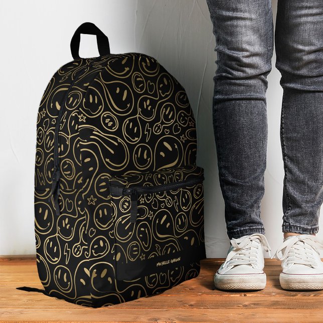 Niedliches Lächeln Gesicht Funny Kids Tee Black Go Bedruckter Rucksack (Trendy Stylish Purple Pink Back To School Printed Backpack
)