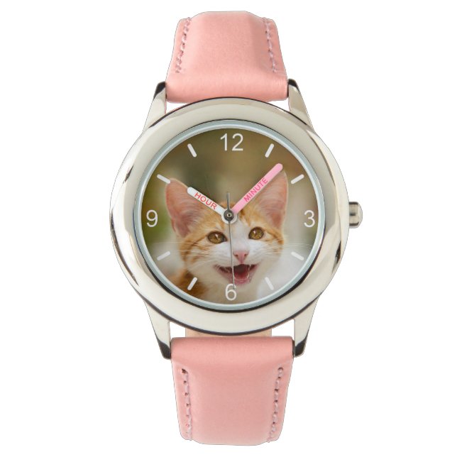 Niedliches Lächeln Kitten Face Funny Cat Meow Foto Armbanduhr (Vorderseite)