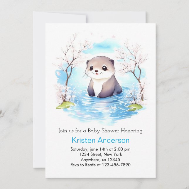 Niedliches Lächeln Otter Blue Floral Boy Baby Dusc Einladung (Vorderseite)