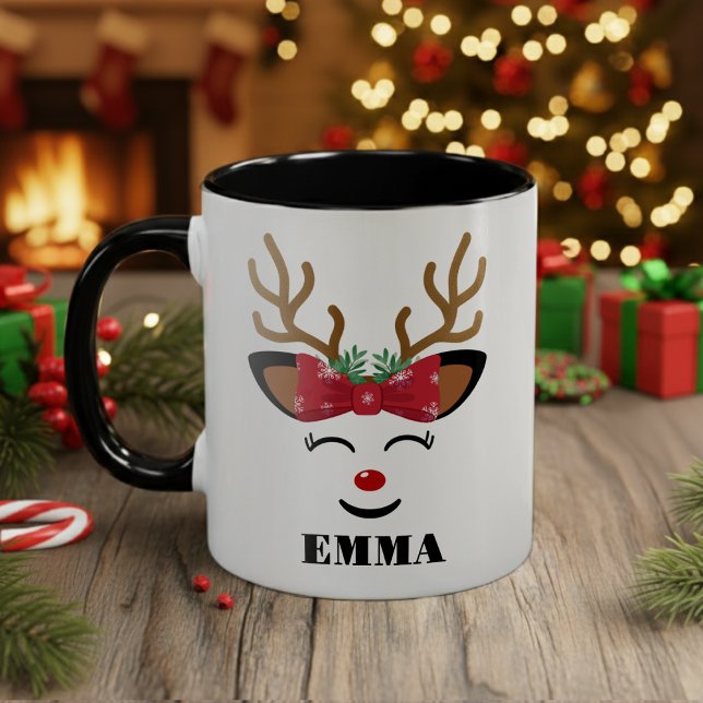 Niedliches Lächeln Rentier Weihnachten Zweifarbige Tasse (cute reindeer face holiday merry Christmas coffee mug)