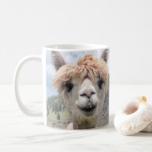 Niedliches lächelndes Alpaka-Foto-Bild Kaffeetasse (Mit Donut)