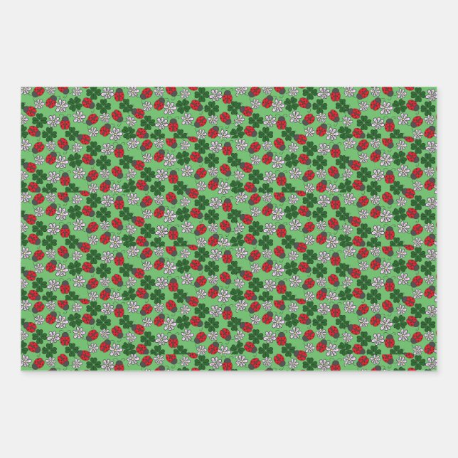 Niedliches Ladybug-Rot- und Grünmuster Geschenkpapier Set (Vorderseite)