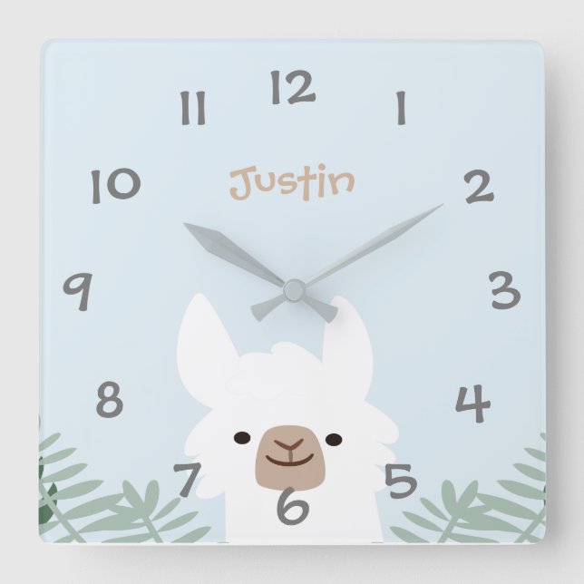 Niedliches Lama scherzt Kinderzimmer-Wand-Uhr Quadratische Wanduhr (Vorderseite)