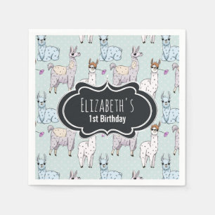 Niedliches Lamatsmuster auf Polka Dots Geburtstag Serviette