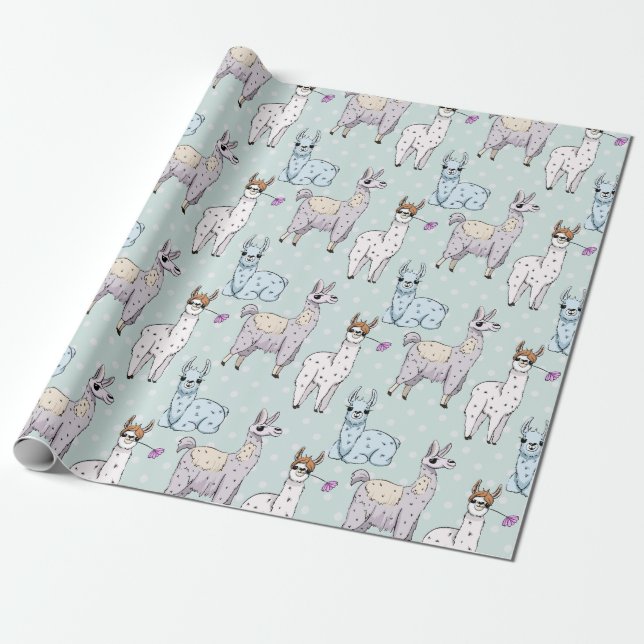 Niedliches Lamatsmuster auf Polka-Punkten Geschenkpapier (Ungerollt)