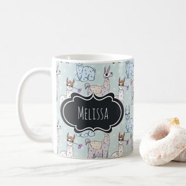 Niedliches Lamatsmuster auf Polka-Punkten Kaffeetasse (Mit Donut)