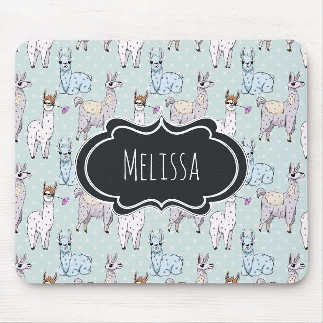 Niedliches Lamatsmuster auf Polka-Punkten Mousepad (Vorne)
