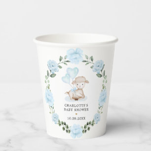Niedliches Lamb Baby Sheep Blue Blumengrün Wreath Pappbecher