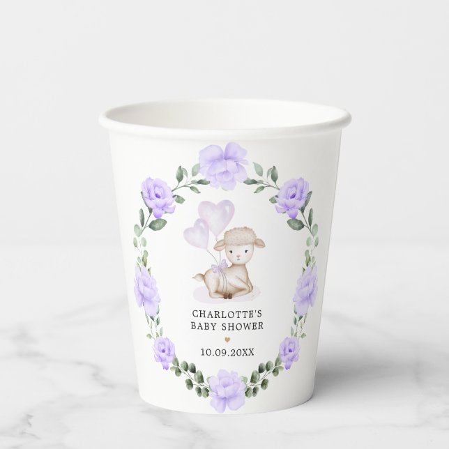 Niedliches Lamb Baby Sheep Lila Blumengarten Kranz Pappbecher (Rückseite)