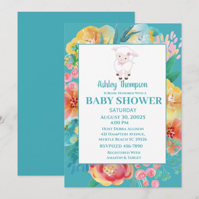 Niedliches Lamm Aquamarin Blue Floral Baby Dusche  Einladung (Vorne/Hinten)