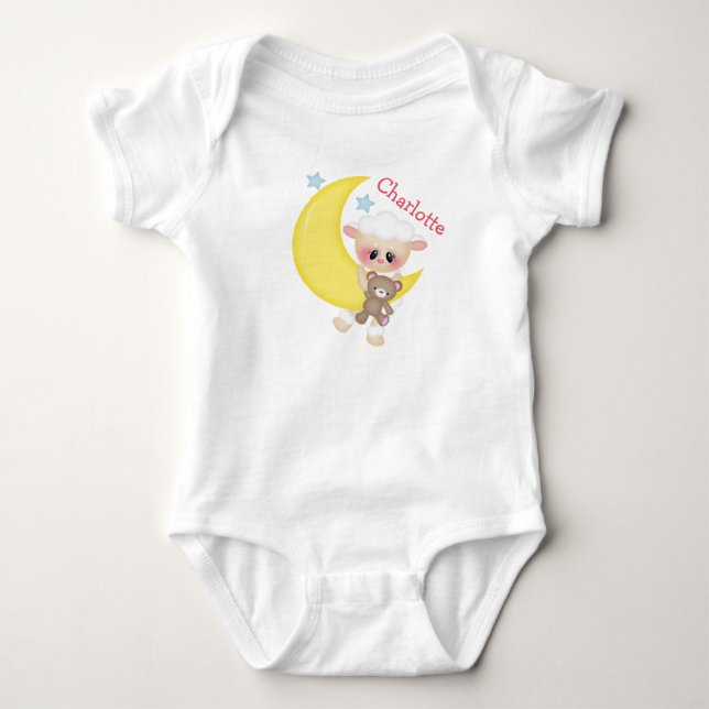 Niedliches Lamm auf Halbmond mit Monogramm Baby Strampler (Vorderseite)