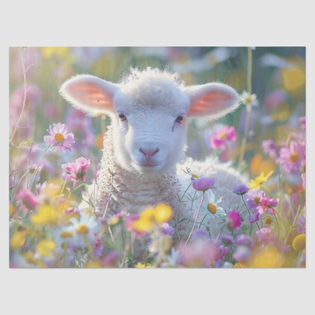 Niedliches Lamm mit farbenfrohen Wildblumen Decoup Seidenpapier (Vorderseite)