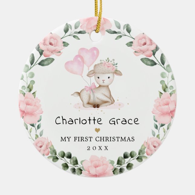 Niedliches Lamm Rosa Blumenreath Baby Erste Weihna Keramik Ornament (Vorne)