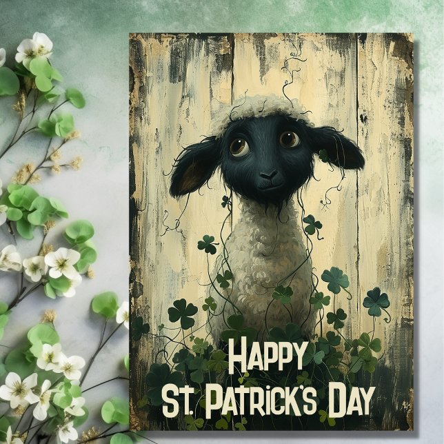 Niedliches Lamm und Kleeblätter St Patrick's Day Karte (Front - Cute Lamb and Clovers St Patrick's Day Card)