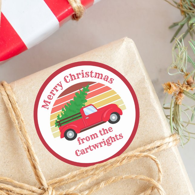 Niedliches Land Weihnachten Red Truck Custom Gesch Runder Aufkleber (Von Creator hochgeladen)