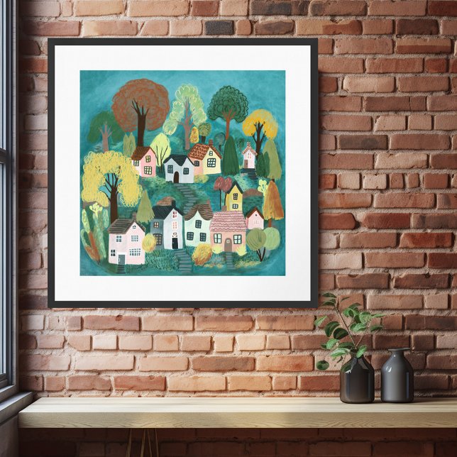 Niedliches Landdorf Aquamarine Farben Wasserfarben Poster (Cute Country Village Teal Colorful Watercolor Art Poster
)