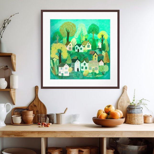 Niedliches Landdorf Grüne Farbe Süße Kunst Poster (Cute Country Village GREEN Colorful Watercolor Art Poster
)