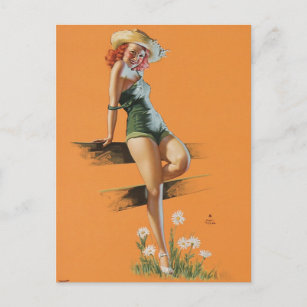 Niedliches Landmädchen Button auf Postkarte