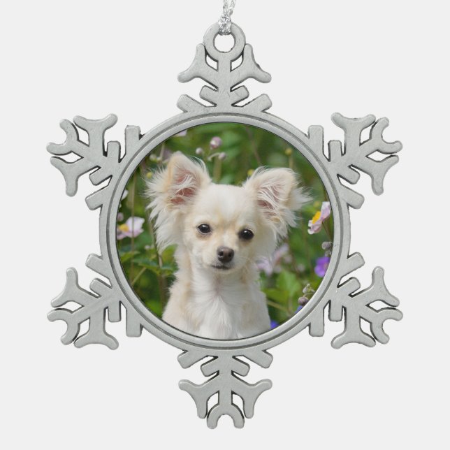 Niedliches langhaariges schneeflocken Zinn-Ornament (Vorderseite)