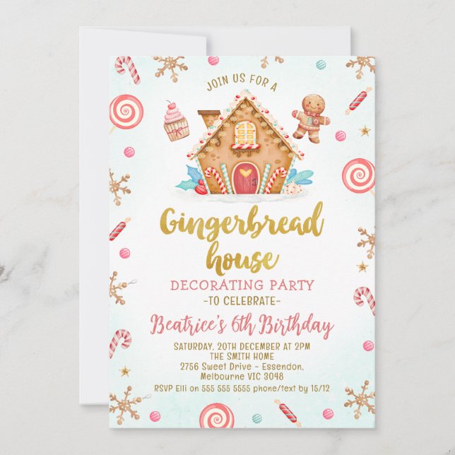 Niedliches Lebkuchen Haus Dekorieren Party Geburts Einladung (Vorderseite)