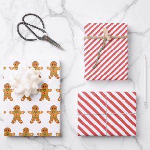 Niedliches Lebkuchen Mann und Roter Streifen Weihn Geschenkpapier Set