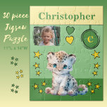 Niedliches Leopard-Foto heißt grüngelbe Kinder<br><div class="desc">30 Stück Puzzle für Kinder. Mit einem niedlichen Leoparden,  mit Sternen und Liebe Herz. Fügen Sie einen Namen,  ein Initial und ein Foto hinzu. Farbschema: Grün und Gelb Geschenkidee für Kinder.</div>