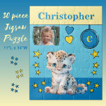 Niedliches Leopard-Foto mit dem Namen Blaugelbe Ki<br><div class="desc">30 Stück Puzzle für Kinder. Mit einem niedlichen Leoparden,  mit Sternen und Liebe Herz. Fügen Sie einen Namen,  ein Initial und ein Foto hinzu. Farbschema: blaue und gelbe Geschenkidee für Kinder.</div>